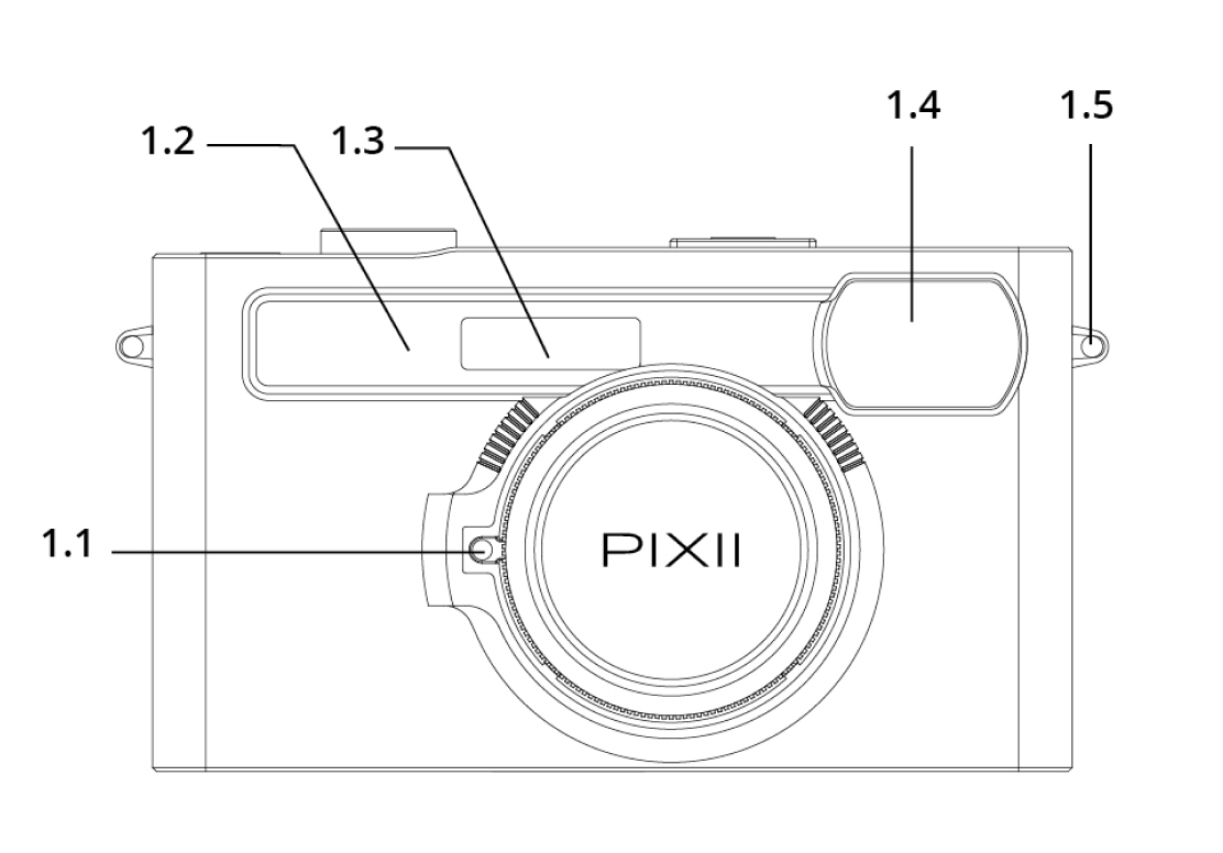 Pixii digital rangefinder camera, front view detailed features.